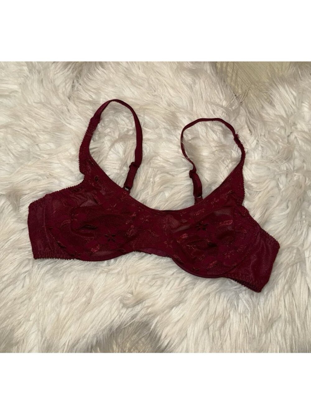 Vintage Olga 33010 Sheer Unlined Bra Embroidered Floral Underwire Womens 36B Red